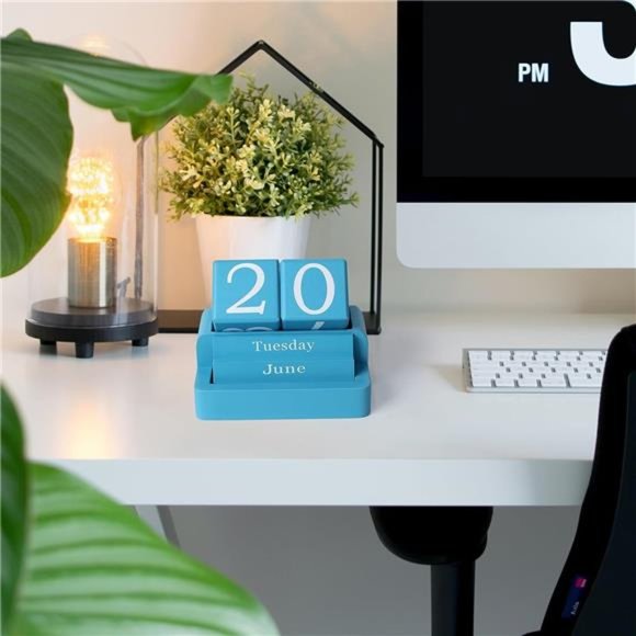 Blue Wooden Desk Calendar, Modern Aesthetic Accessories for Home Office Decor, - Picture 5 of 7